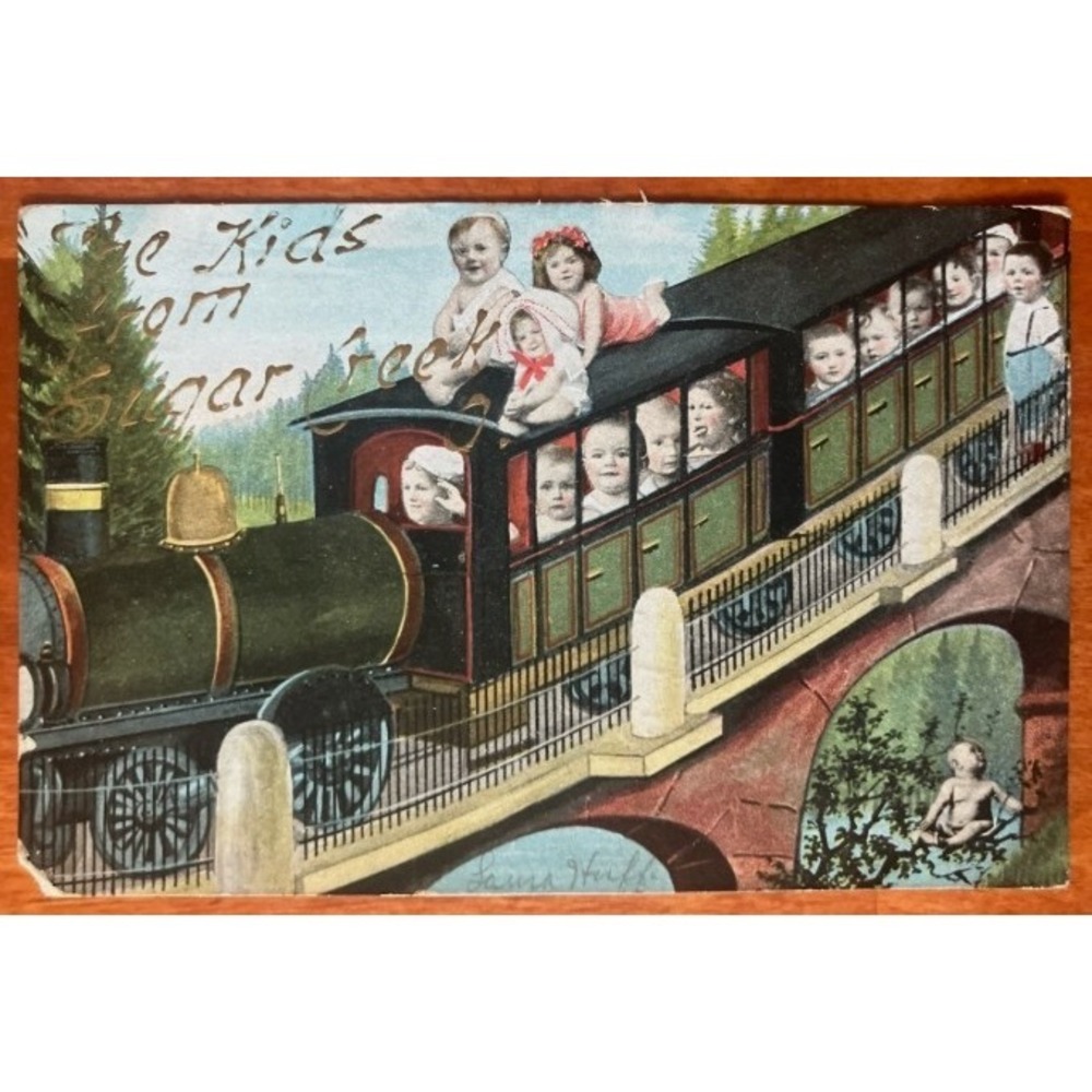 1908 Antique Postcard The Kids from Sugar Creek Babies Riding Train Unique